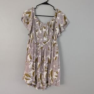 Free People Smocked‎ Floral Mini Dress Size Large Boho Puff Sleeve